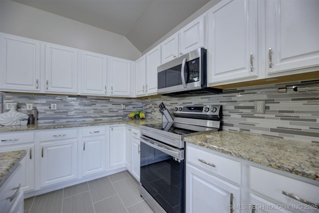 124 W 125th Ct S, Jenks, OK 74037 - kitchen featuring appliances with stainless steel finishes, backsplash, lofted ceiling, white cabinetry, and light stone counters