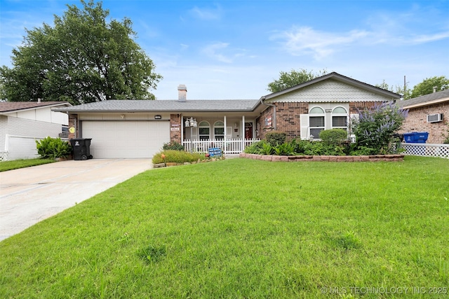 11837 E 61st Pl, Broken Arrow, OK 74012 - ranch-style house featuring a front yard, a garage, covered porch, concrete driveway, and a chimney
