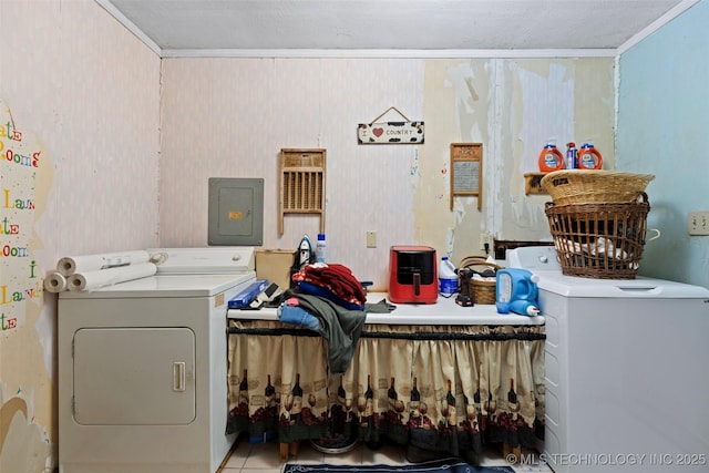 11837 E 61st Pl, Broken Arrow, OK 74012 - laundry area with electric panel, independent washer and dryer, tile patterned floors, and crown molding