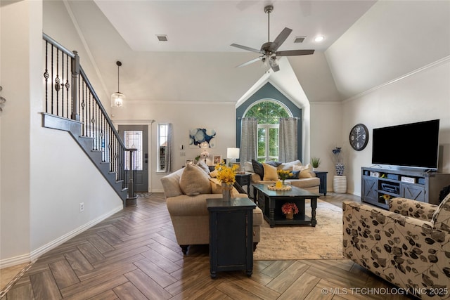 2611 S 15th Pl, Broken Arrow, OK 74012 - living room featuring stairway, a ceiling fan, and vaulted ceiling