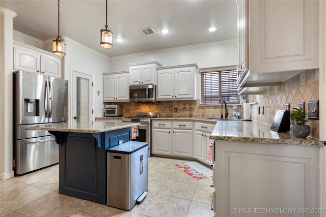 2611 S 15th Pl, Broken Arrow, OK 74012 - kitchen featuring stainless steel appliances, ornamental molding, light stone counters, tasteful backsplash, and a kitchen island
