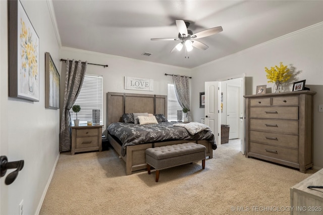 2611 S 15th Pl, Broken Arrow, OK 74012 - bedroom featuring light carpet, multiple windows, ornamental molding, and a ceiling fan