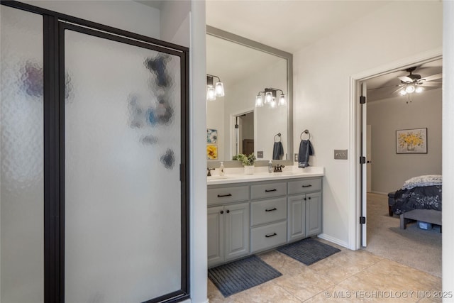 2611 S 15th Pl, Broken Arrow, OK 74012 - full bath with double vanity, a shower stall, ensuite bath, and a ceiling fan