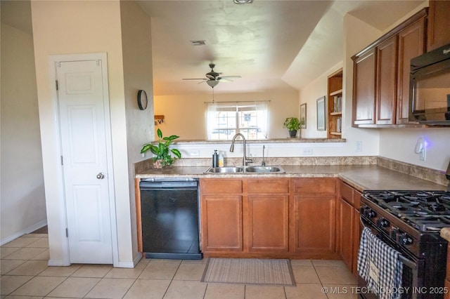 1330 Panther Ln, Sapulpa, OK 74066 - kitchen with black appliances, ceiling fan, open shelves, and light tile patterned flooring