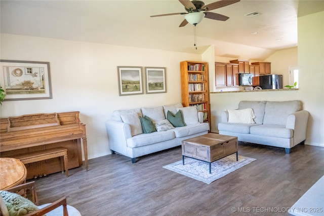 1330 Panther Ln, Sapulpa, OK 74066 - living area with lofted ceiling, wood finished floors, and ceiling fan