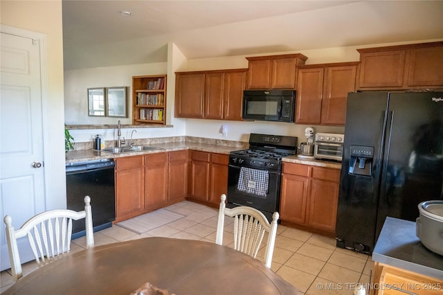 1330 Panther Ln, Sapulpa, OK 74066 - kitchen with black appliances, brown cabinetry, open shelves, light countertops, and lofted ceiling