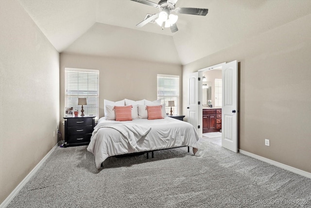 1801 E Montgomery St, Broken Arrow, OK 74012 - bedroom with light colored carpet, multiple windows, lofted ceiling, ensuite bathroom, and a ceiling fan
