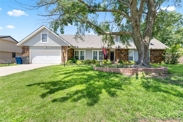 9208 S 70th Ave E, Tulsa, OK 74133 - view of front of property with stone siding, concrete driveway, a garage, and a front lawn