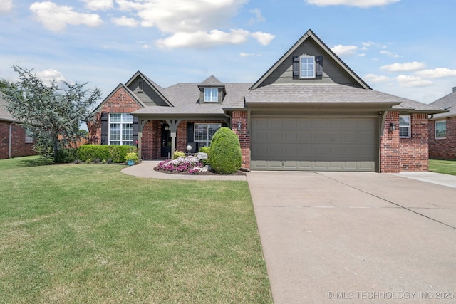 921 S 75th St, Broken Arrow, OK 74014 - view of front of property featuring brick siding, concrete driveway, a front lawn, and a shingled roof