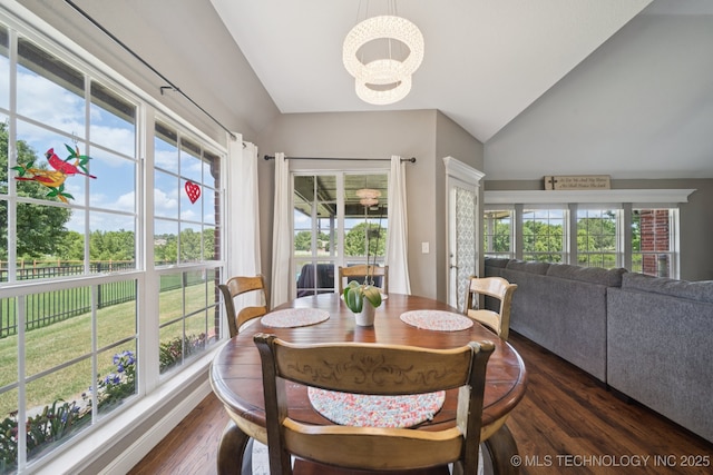 921 S 75th St, Broken Arrow, OK 74014 - dining room with a chandelier, lofted ceiling, and dark wood finished floors