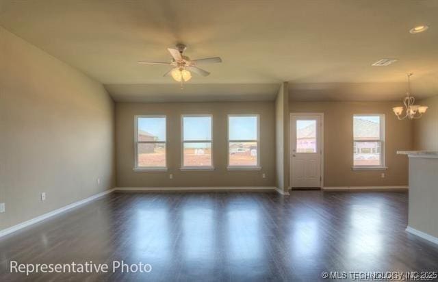 23100 S Mae Dr, Claremore, OK 74019 - unfurnished living room featuring dark wood-style floors, a ceiling fan, and a chandelier