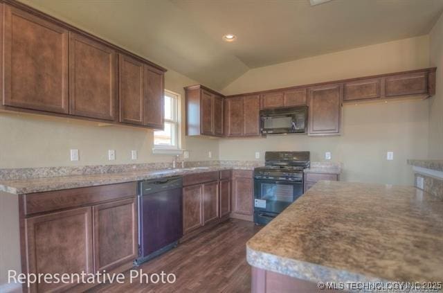 23100 S Mae Dr, Claremore, OK 74019 - kitchen with black appliances, dark wood-style floors, lofted ceiling, light stone counters, and recessed lighting