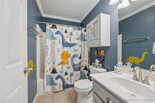 14907 E 88th St N, Owasso, OK 74055 - full bathroom with crown molding, vanity, tile patterned floors, and shower / bath combo with shower curtain
