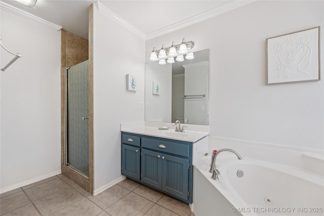 14907 E 88th St N, Owasso, OK 74055 - bathroom with vanity, a stall shower, crown molding, a whirlpool tub, and tile patterned floors