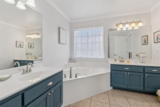 14907 E 88th St N, Owasso, OK 74055 - bathroom with two vanities, crown molding, a jetted tub, and tile patterned floors