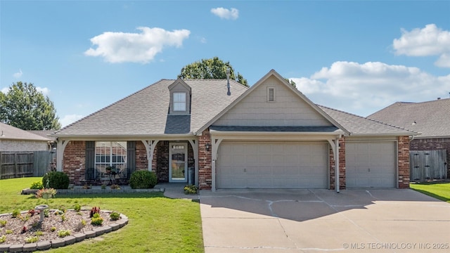 14907 E 88th St N, Owasso, OK 74055 - view of front facade featuring brick siding, a garage, concrete driveway, and roof with shingles