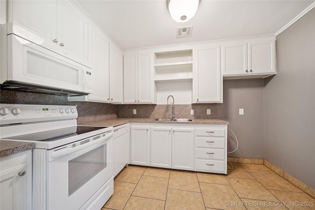 1448 S Darlington Ave, Tulsa, OK 74112 - kitchen featuring white appliances, open shelves, white cabinets, and backsplash