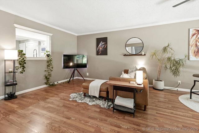 2955 E 84th St S Unit 65, Tulsa, OK 74137 - living area with wood finished floors, crown molding, ceiling fan, and a textured ceiling