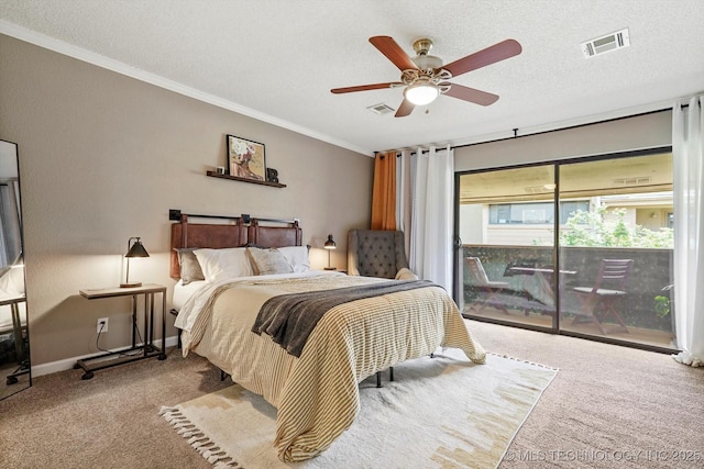 2955 E 84th St S Unit 65, Tulsa, OK 74137 - carpeted bedroom with access to exterior, crown molding, a textured ceiling, and a ceiling fan