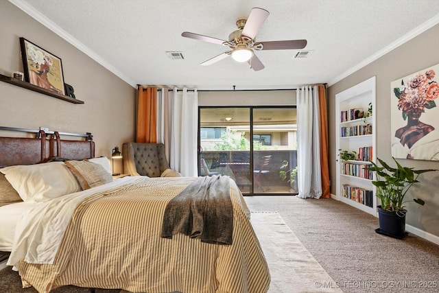 2955 E 84th St S Unit 65, Tulsa, OK 74137 - carpeted bedroom featuring crown molding, access to outside, a textured ceiling, and ceiling fan