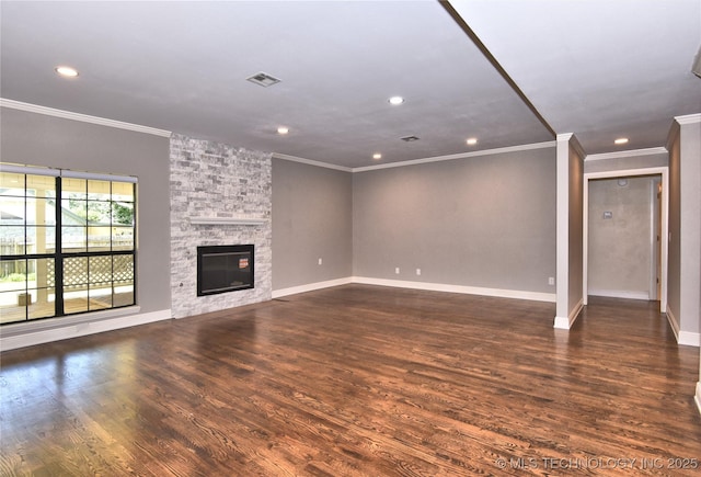 7020 E 89th St, Tulsa, OK 74133 - unfurnished living room with dark wood-style floors, recessed lighting, crown molding, and a fireplace