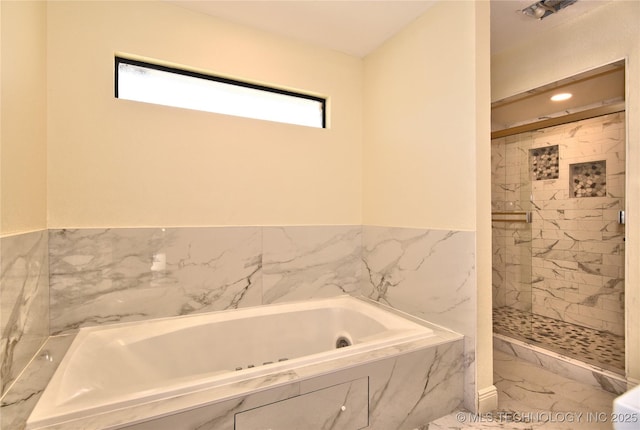 7020 E 89th St, Tulsa, OK 74133 - bathroom featuring a tub with jets, a marble finish shower, and marble look tiles