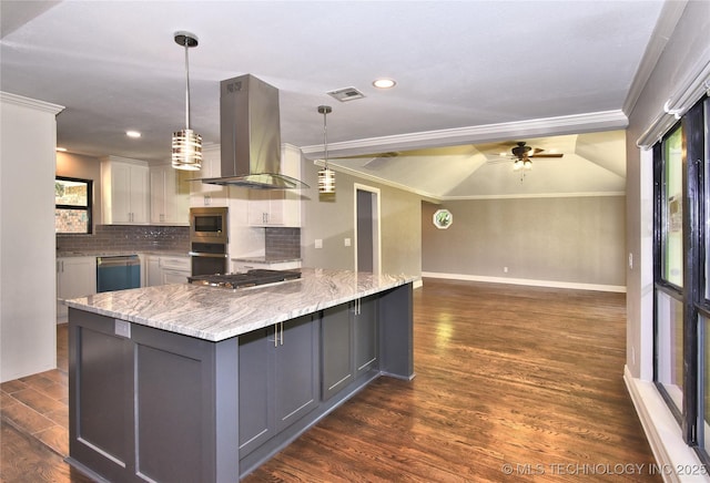 7020 E 89th St, Tulsa, OK 74133 - kitchen featuring island range hood, stainless steel appliances, ornamental molding, plenty of natural light, and gray cabinetry