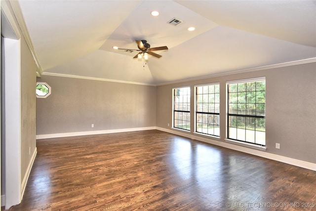 7020 E 89th St, Tulsa, OK 74133 - spare room with vaulted ceiling, ceiling fan, dark wood finished floors, recessed lighting, and ornamental molding