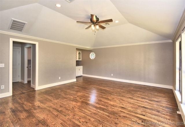 7020 E 89th St, Tulsa, OK 74133 - empty room with vaulted ceiling, a ceiling fan, recessed lighting, and dark wood finished floors