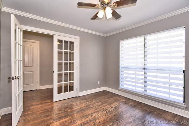 7020 E 89th St, Tulsa, OK 74133 - spare room with dark wood-style floors, ceiling fan, crown molding, and french doors