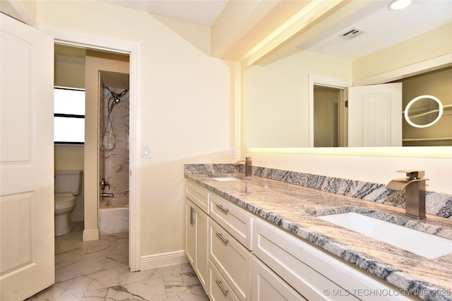 7020 E 89th St, Tulsa, OK 74133 - full bath featuring marble look tile flooring, double vanity, and shower / bath combination