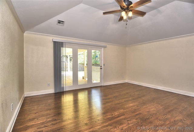7020 E 89th St, Tulsa, OK 74133 - spare room with dark wood finished floors, a textured wall, ceiling fan, crown molding, and vaulted ceiling