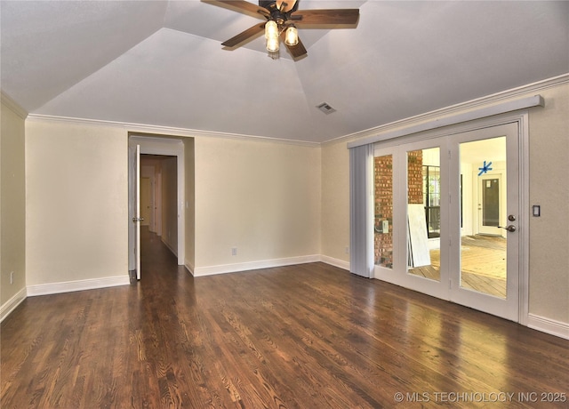 7020 E 89th St, Tulsa, OK 74133 - unfurnished room with ceiling fan, dark wood-type flooring, vaulted ceiling, and crown molding
