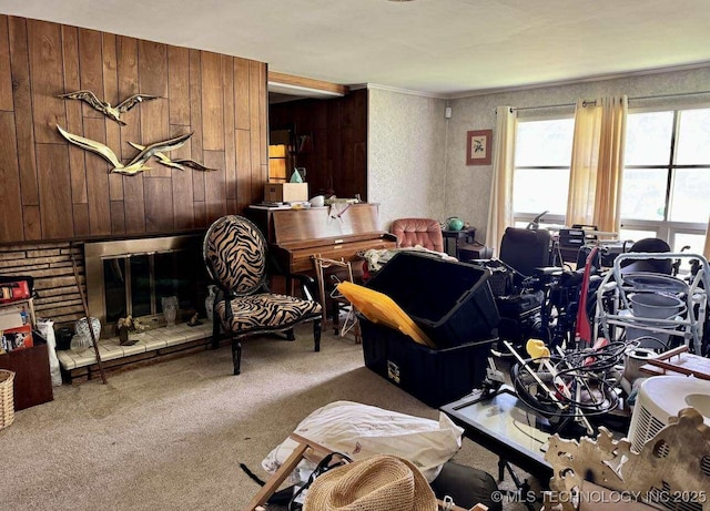 8348 E 7th St S, Tulsa, OK 74112 - carpeted living room featuring wooden walls