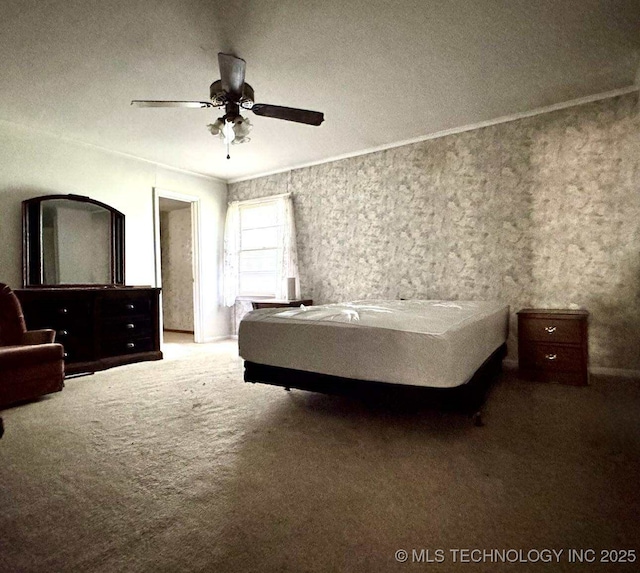 8348 E 7th St S, Tulsa, OK 74112 - carpeted bedroom featuring crown molding, a ceiling fan, and a textured ceiling