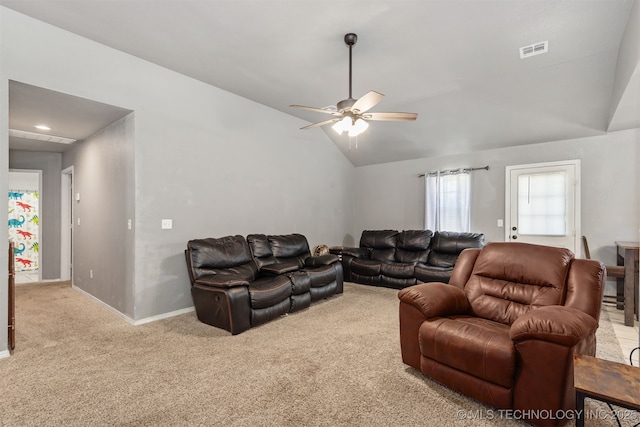 802 NE 9th St, Wagoner, OK 74467 - carpeted living room featuring vaulted ceiling and a ceiling fan