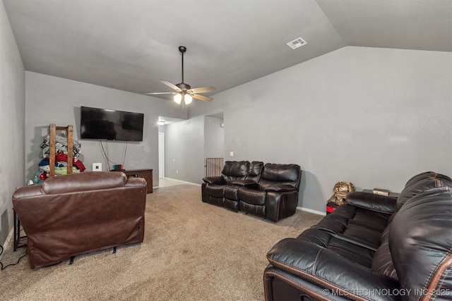 802 NE 9th St, Wagoner, OK 74467 - living room with ceiling fan, carpet flooring, and vaulted ceiling