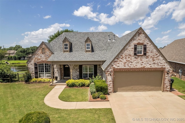 13804 E 90th St, Owasso, OK 74055 - view of front of property with a shingled roof, concrete driveway, brick siding, covered porch, and a garage