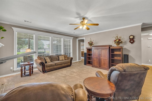 13804 E 90th St, Owasso, OK 74055 - living area featuring ceiling fan, crown molding, and light colored carpet