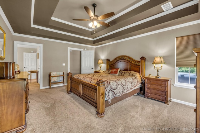 13804 E 90th St, Owasso, OK 74055 - bedroom with light carpet, a raised ceiling, and crown molding