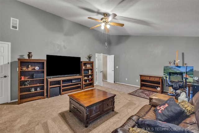 13804 E 90th St, Owasso, OK 74055 - carpeted living area featuring lofted ceiling and ceiling fan