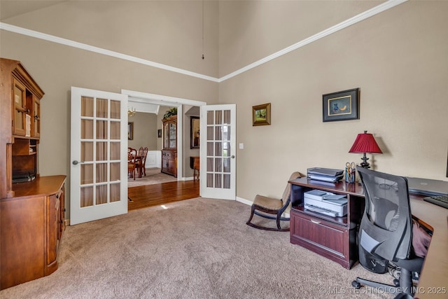 13804 E 90th St, Owasso, OK 74055 - carpeted office space with french doors, a towering ceiling, and crown molding