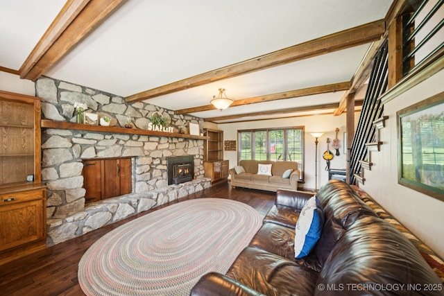 11783 S 252nd E Ave E, Broken Arrow, OK 74014 - living room with a fireplace, wood finished floors, stairway, and beamed ceiling