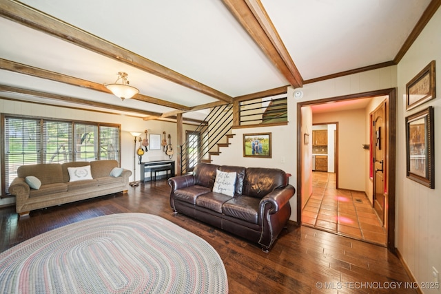 11783 S 252nd E Ave E, Broken Arrow, OK 74014 - living area with hardwood / wood-style floors, beamed ceiling, stairway, ornamental molding, and wood walls