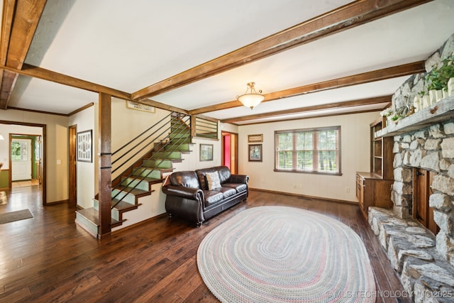 11783 S 252nd E Ave E, Broken Arrow, OK 74014 - living room with wood-type flooring, healthy amount of natural light, stairs, and beamed ceiling