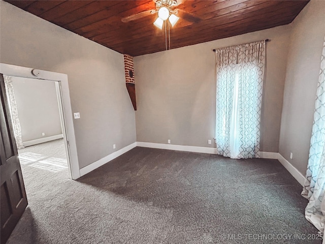 220 Belt Ave, Eufaula, OK 74432 - empty room with wood ceiling, dark colored carpet, and a ceiling fan