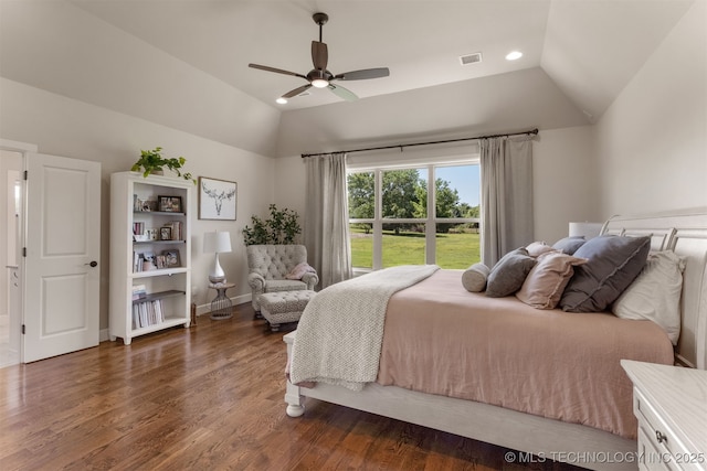 22322 E 121st St S, Broken Arrow, OK 74014 - bedroom featuring vaulted ceiling, dark wood-type flooring, recessed lighting, and ceiling fan