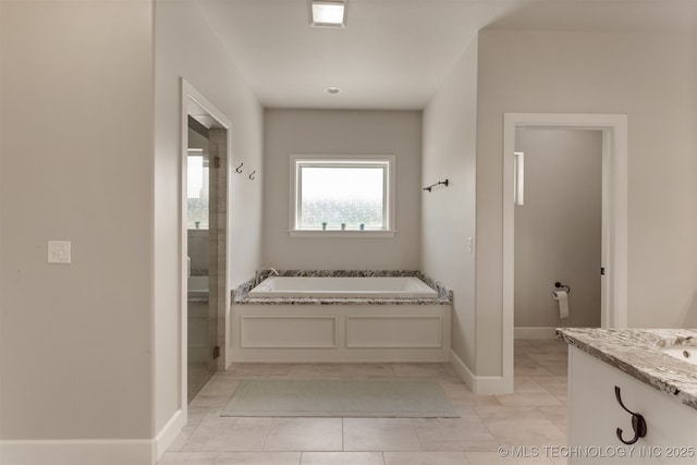 22322 E 121st St S, Broken Arrow, OK 74014 - bathroom featuring a garden tub, vanity, tile patterned flooring, and an enclosed shower