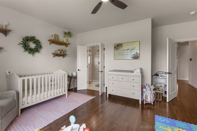 22322 E 121st St S, Broken Arrow, OK 74014 - bedroom with wood finished floors, a crib, and a ceiling fan