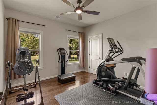 22322 E 121st St S, Broken Arrow, OK 74014 - workout area featuring a ceiling fan and wood finished floors